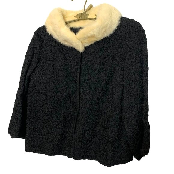 VTG Saks Fifth Avenue Black Boucle Jacket Cream Fur Collar Womens Size S/M - Picture 9 of 11